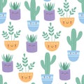 Kawaii succulents cactus with smiling face seamless pattern